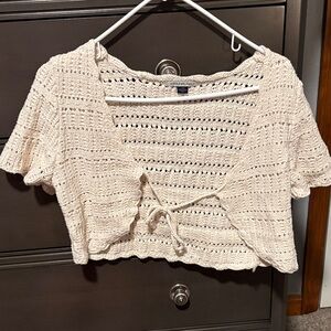 American Eagle Outfitters Cream Knit Tie-Front Crop Top